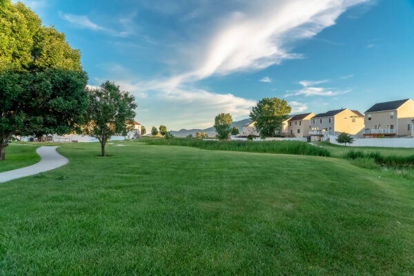 Vast grassy terrain in the middle of lovely homes with view of distant mountain. Trees and cloudy blue sky can also be seen in this sunny landscape.